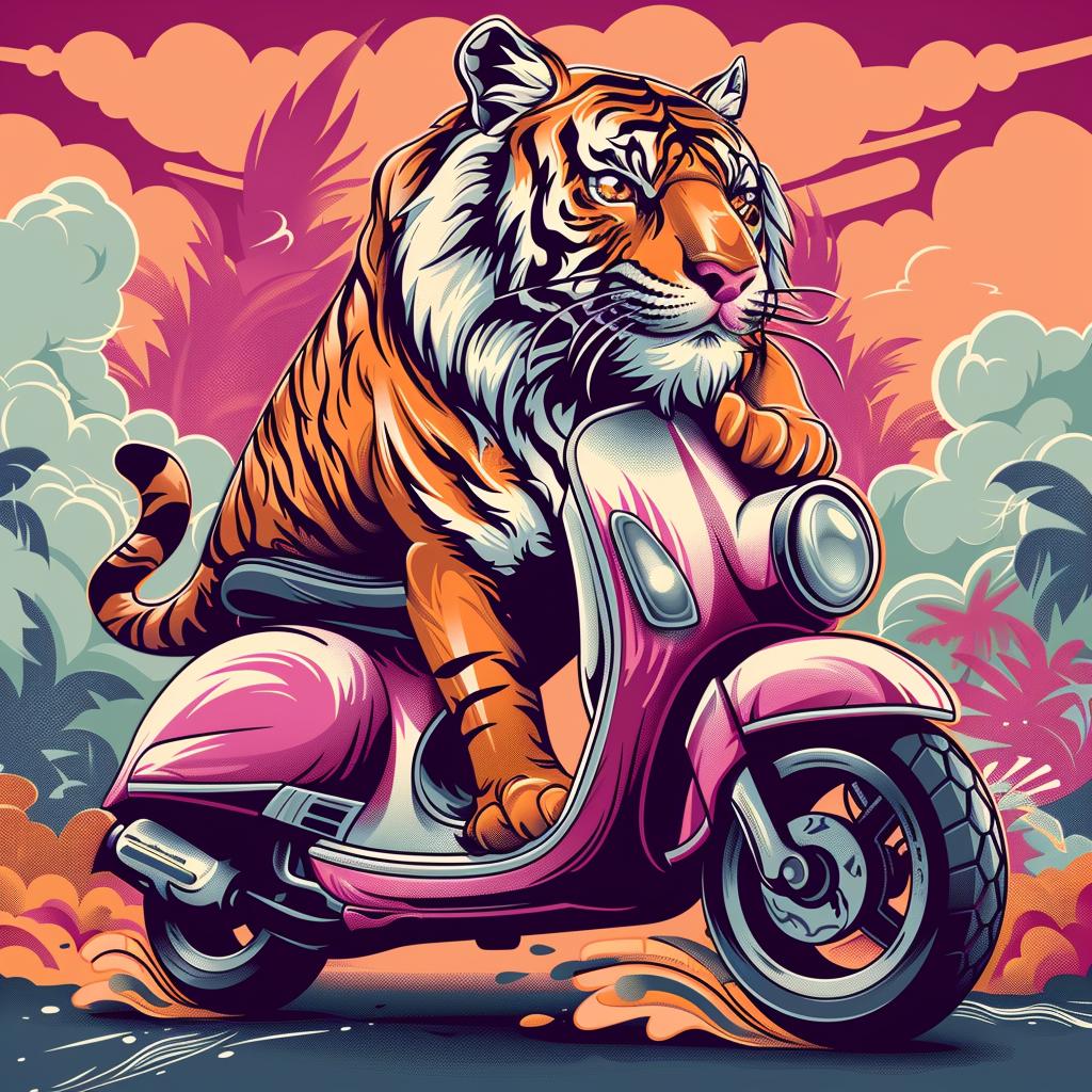 tiger  scooter  colorful  background  vibrant  fun  animal  playful  art  illustration 943298
