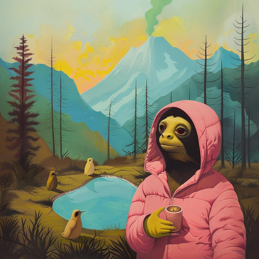 surreal  sloth  pink  jacket  hat  album  cover  painting  whimsical  creative 966531