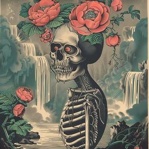 skeleton  roses  waterfall  chromolithography  macabre  nature  contrast  artsy  surreal  whimsical 1048120