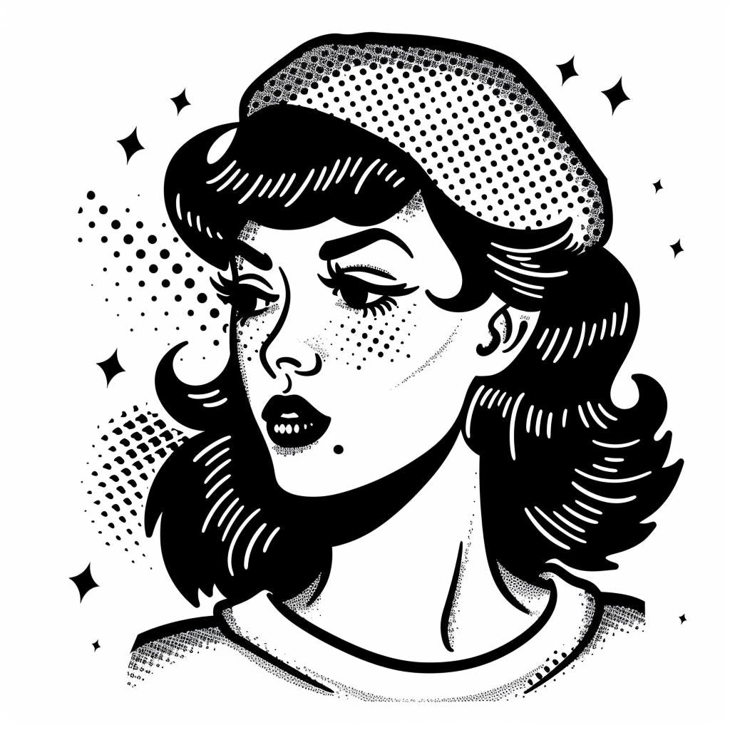 woman  hat  star  tattoo  flash  bold  thick  halftone  vintage  illustration 1018331