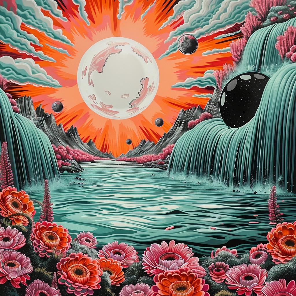waterfall  flowers  sun  teal  orange  abstract  art  flowerpunk  pulsar  galaxy 941819