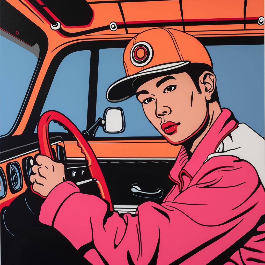 bus  driver  painting  man  car  hat  vehicle  portrait  illustration  style 1023347