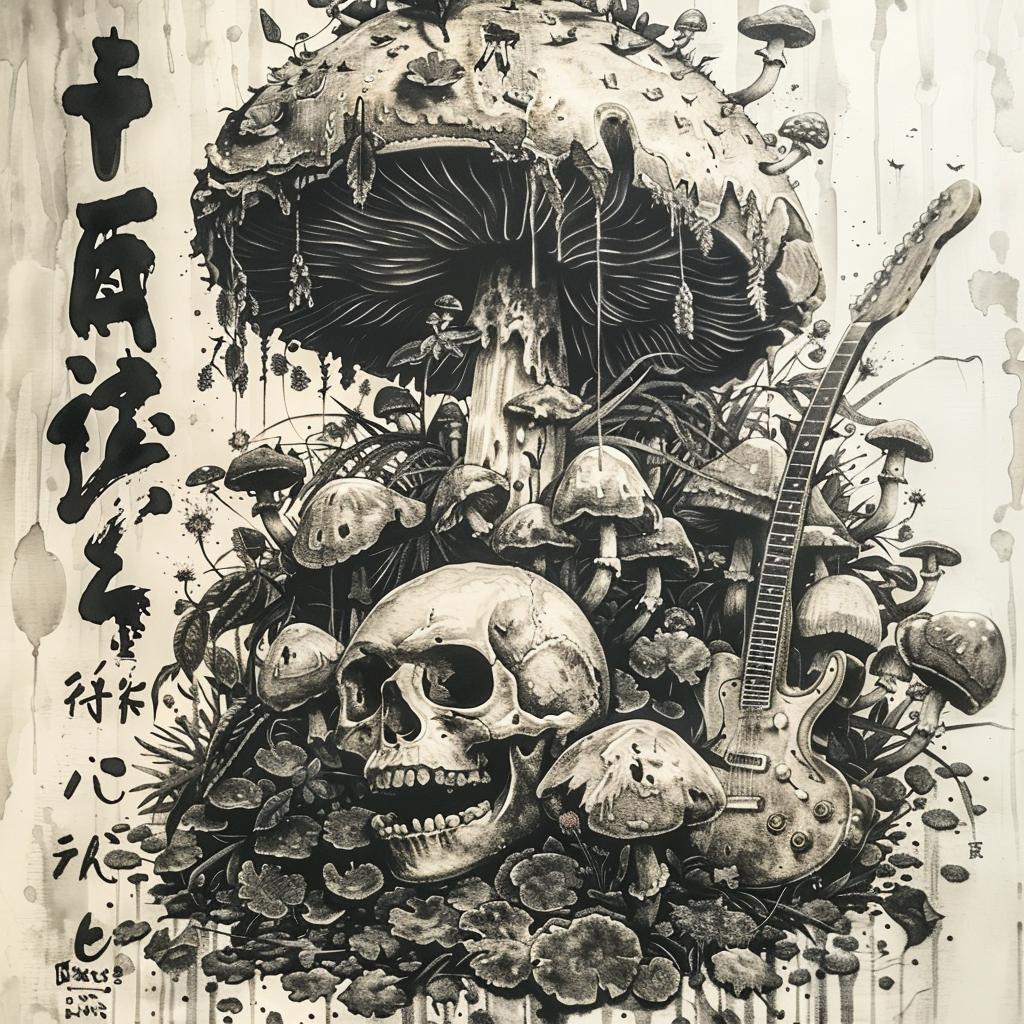 mushrooms  skull  guitar  art  drawing  Japanese  intertwined  flowers  cluster  illustration 1036314