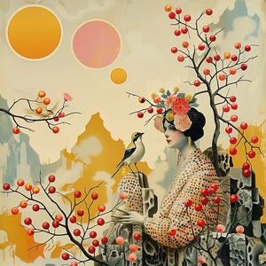 chromolithography  painting  woman  bird  shoulder  colorful  artwork  detailed  figurative  design 1058547