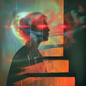 man  staircase  red  light  holography  digital  art  contrast  visual  modern 1060417