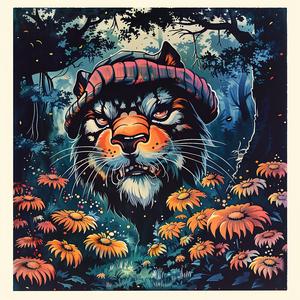 tiger  hat  flowers  painting  chromolithography  vibrant  colorful  wildlife  illustration  artwork 1048448