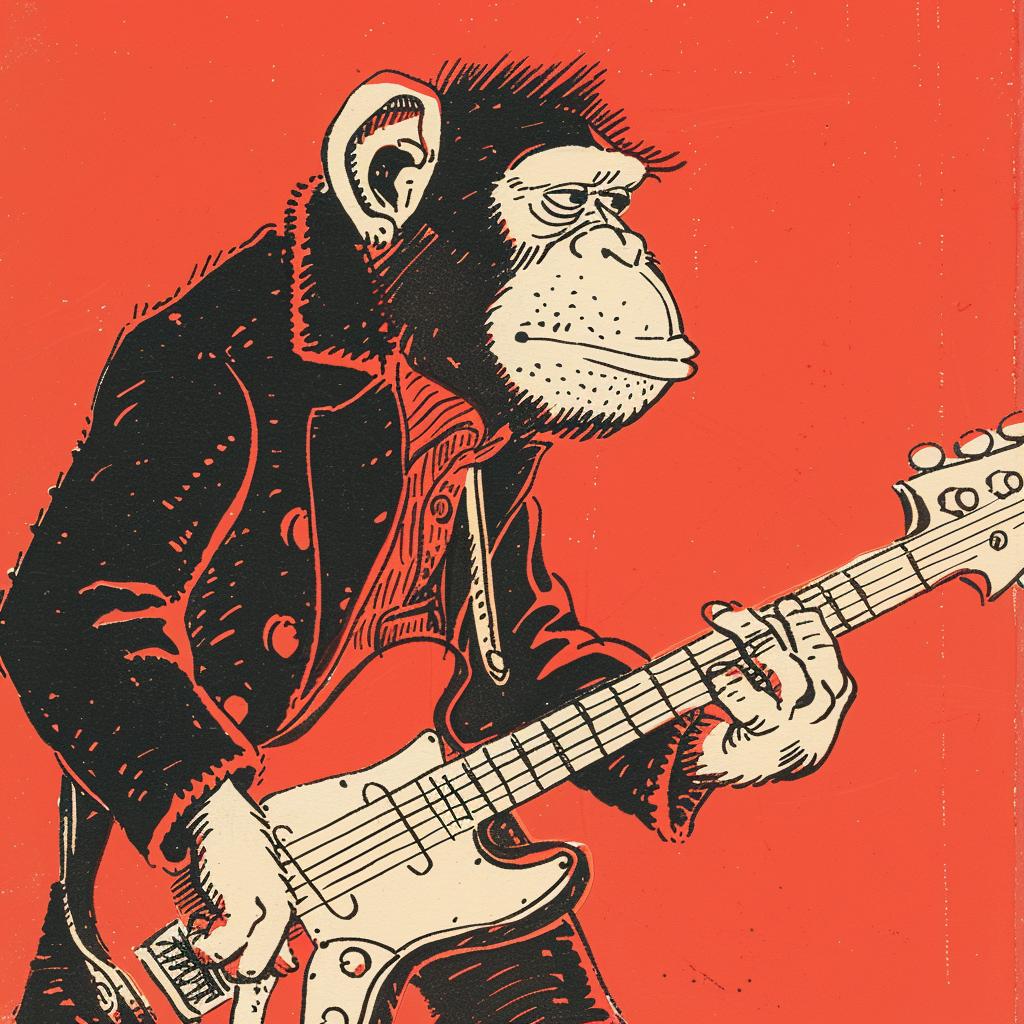 poster  chimp  guitar  electric  music  anthropomorphic  Moebius  playful  art  humor 922496