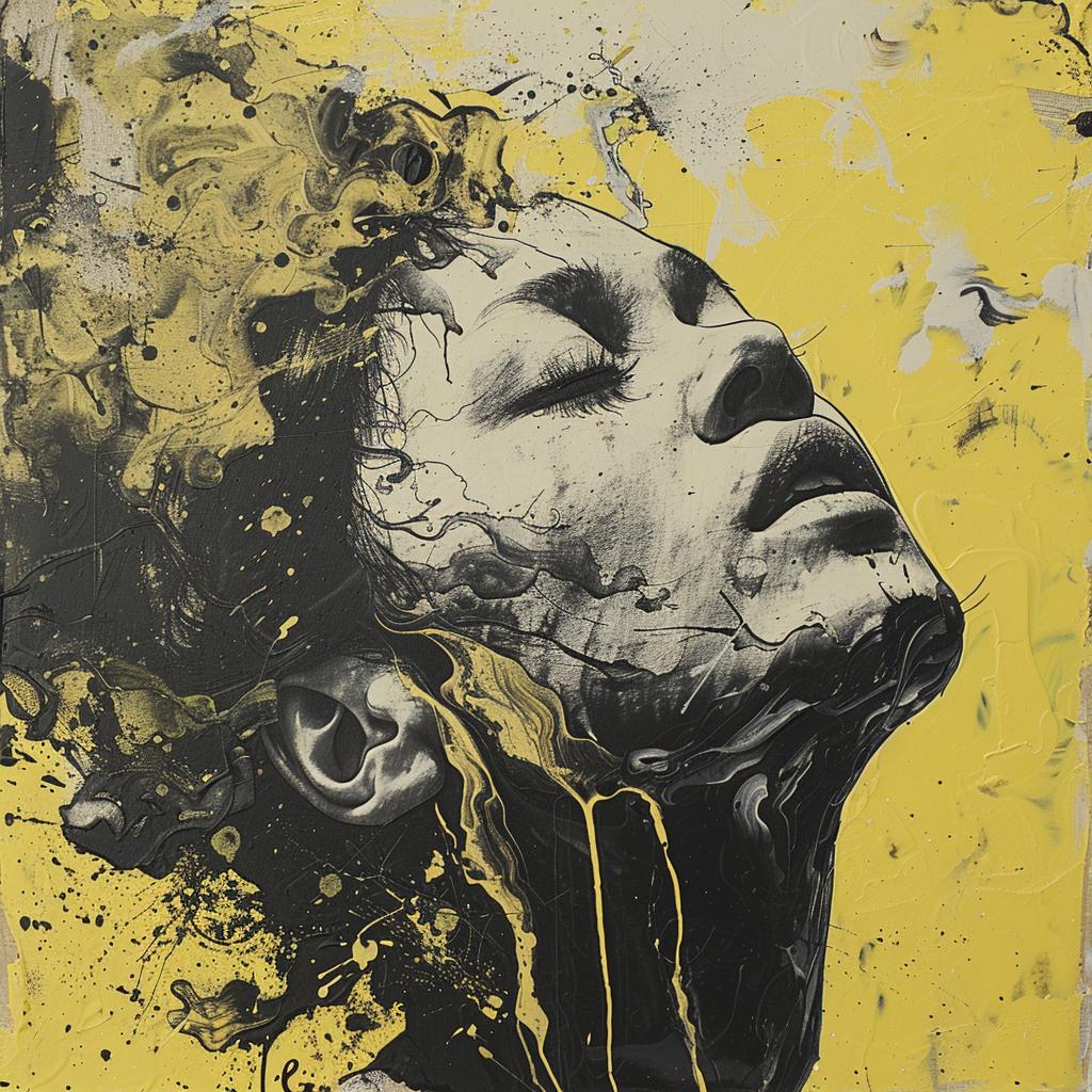 surreal  album  cover  hyper-realistic  screenprinting  Vyle  encaustic  yellow  splatter  woman 959994
