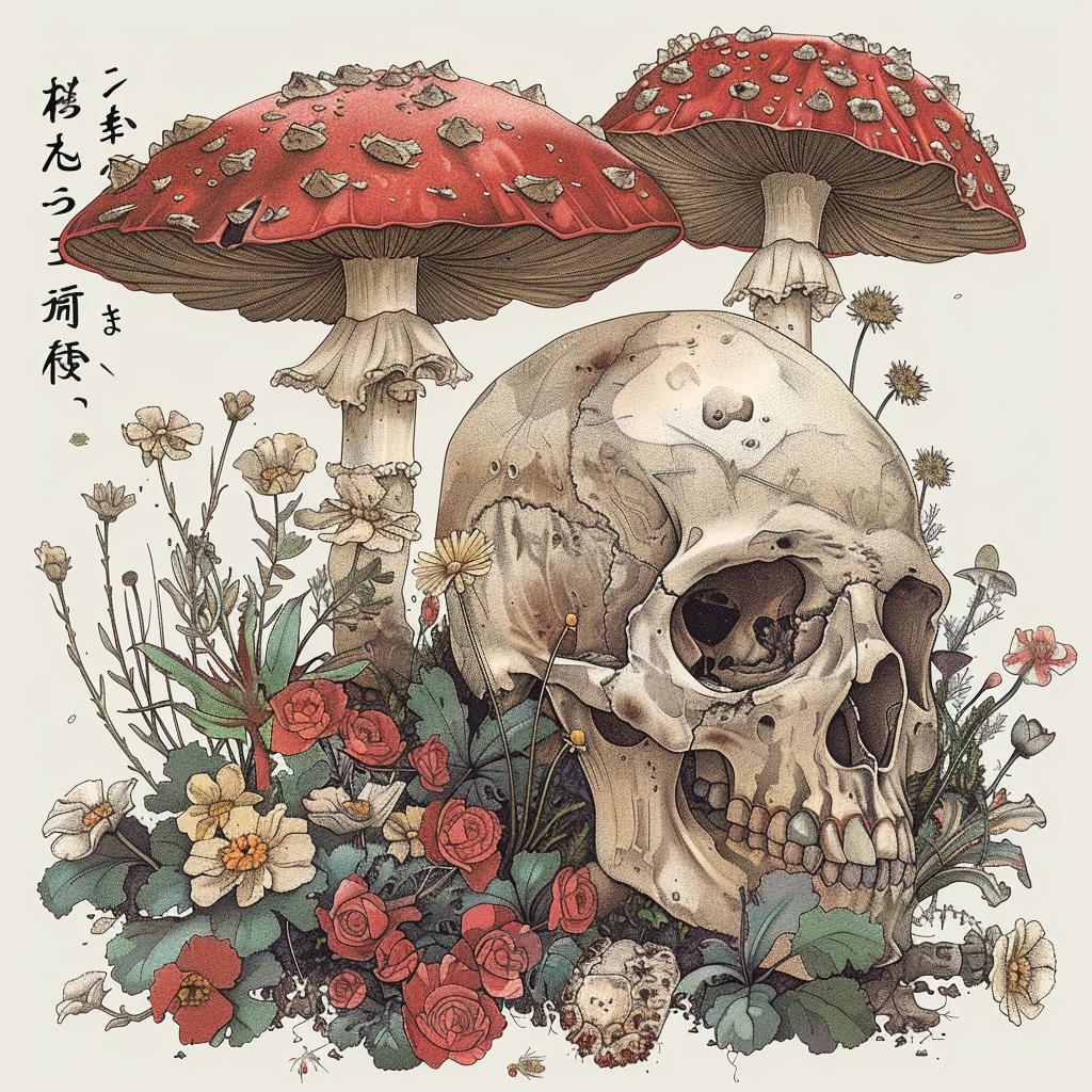 skull  mushrooms  flowers  field  plants  spores  cluster  intertwined  Japanese  art 1036328