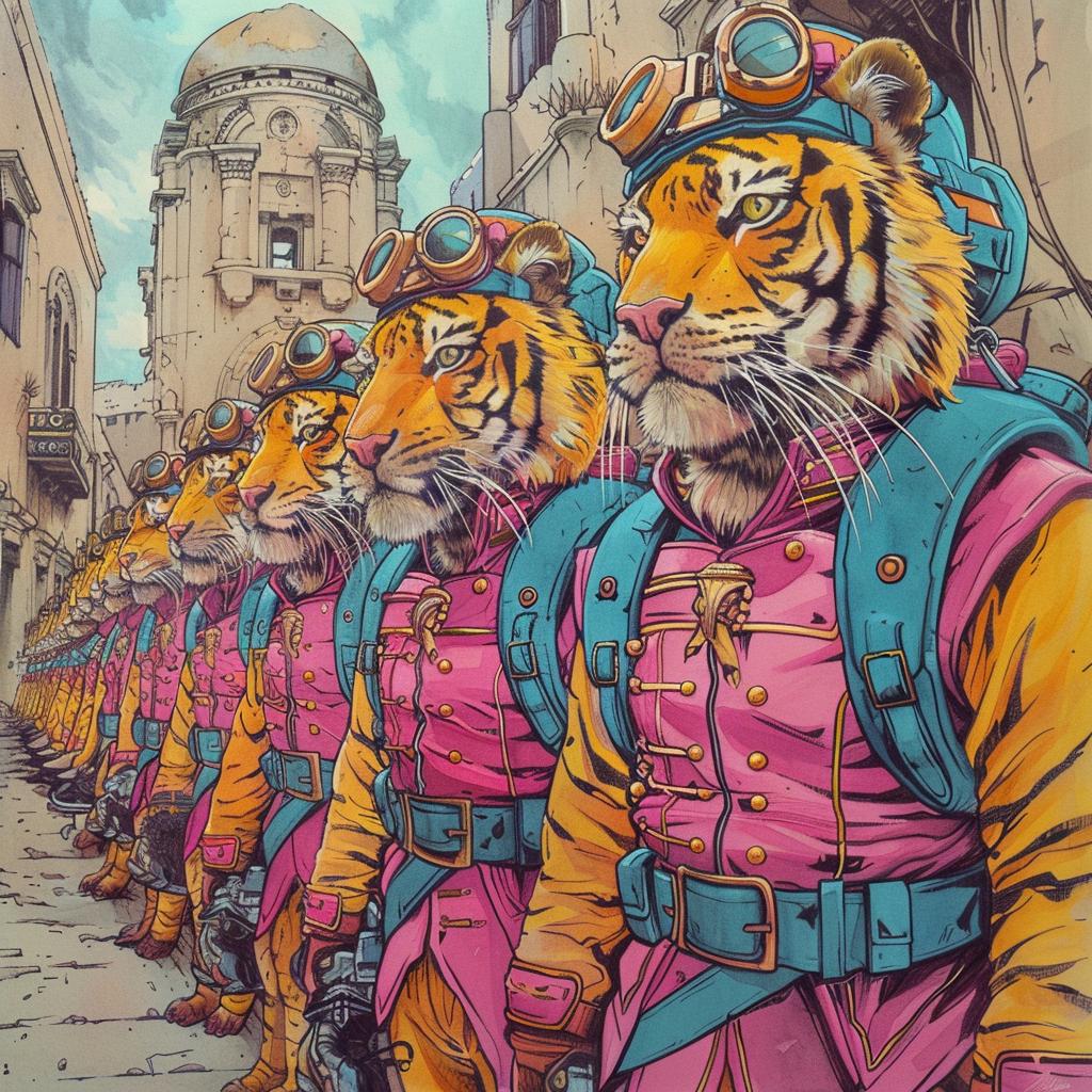 tigers  soldiers  battle  pink  blue  uniforms  artwork  fantasy  illustration  animals 923388