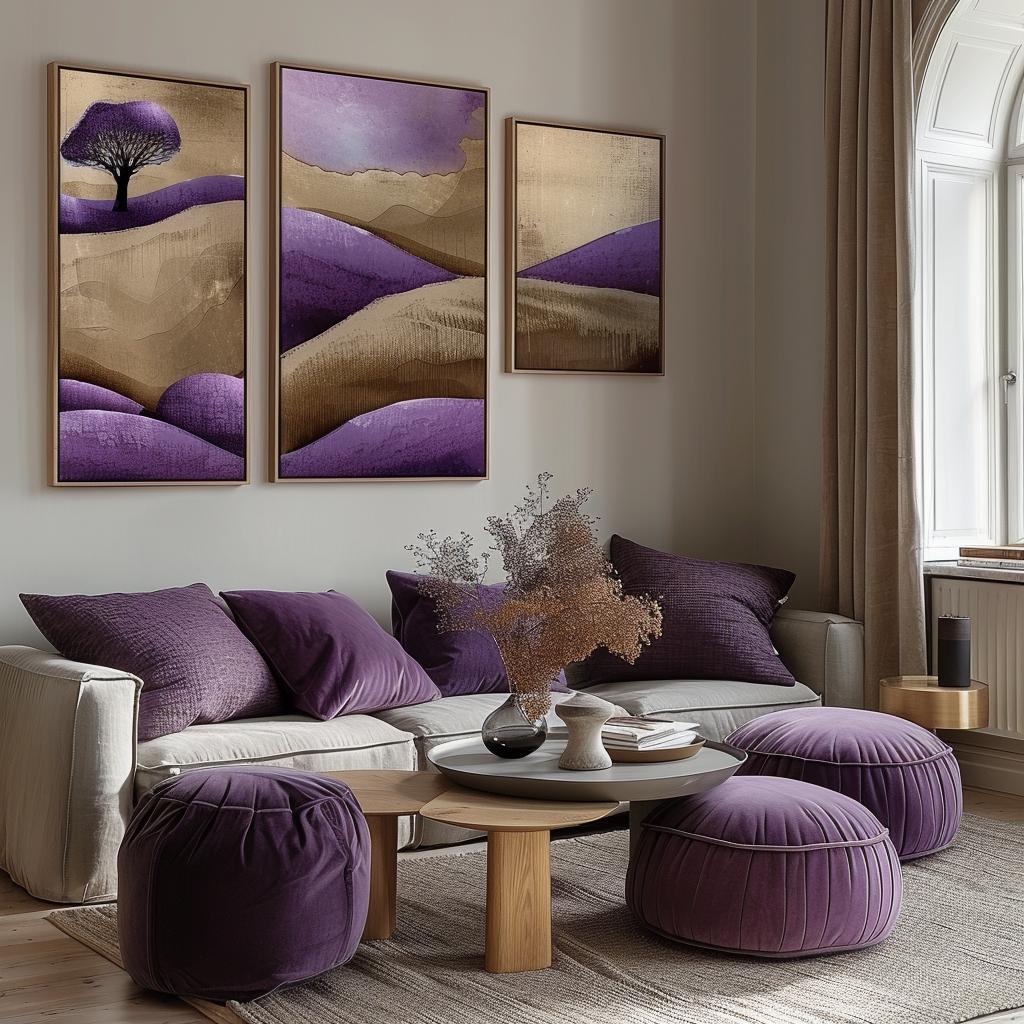 Boho  MidCentury  purple  art  livingroom  couch  decor  clean  paintings  modern 1032685