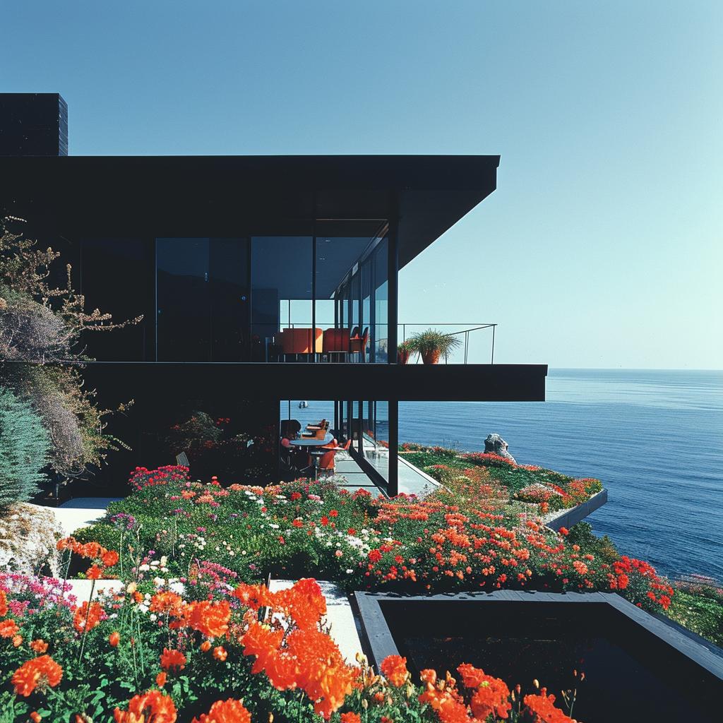 house  ocean  flowers  plants  black  white  color  architecture  landscape  view 1036260