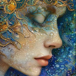 Art Nouveau  Surrealism  pointillism  woman  makeup  blue  gold  mystical  ambiance  teal 1077182