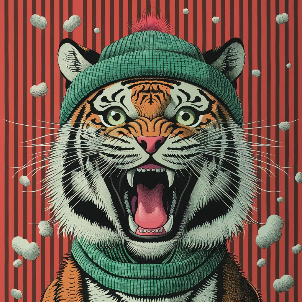 tiger  hat  happy  red  background  playful  animal  portrait  whimsical  illustration 944527