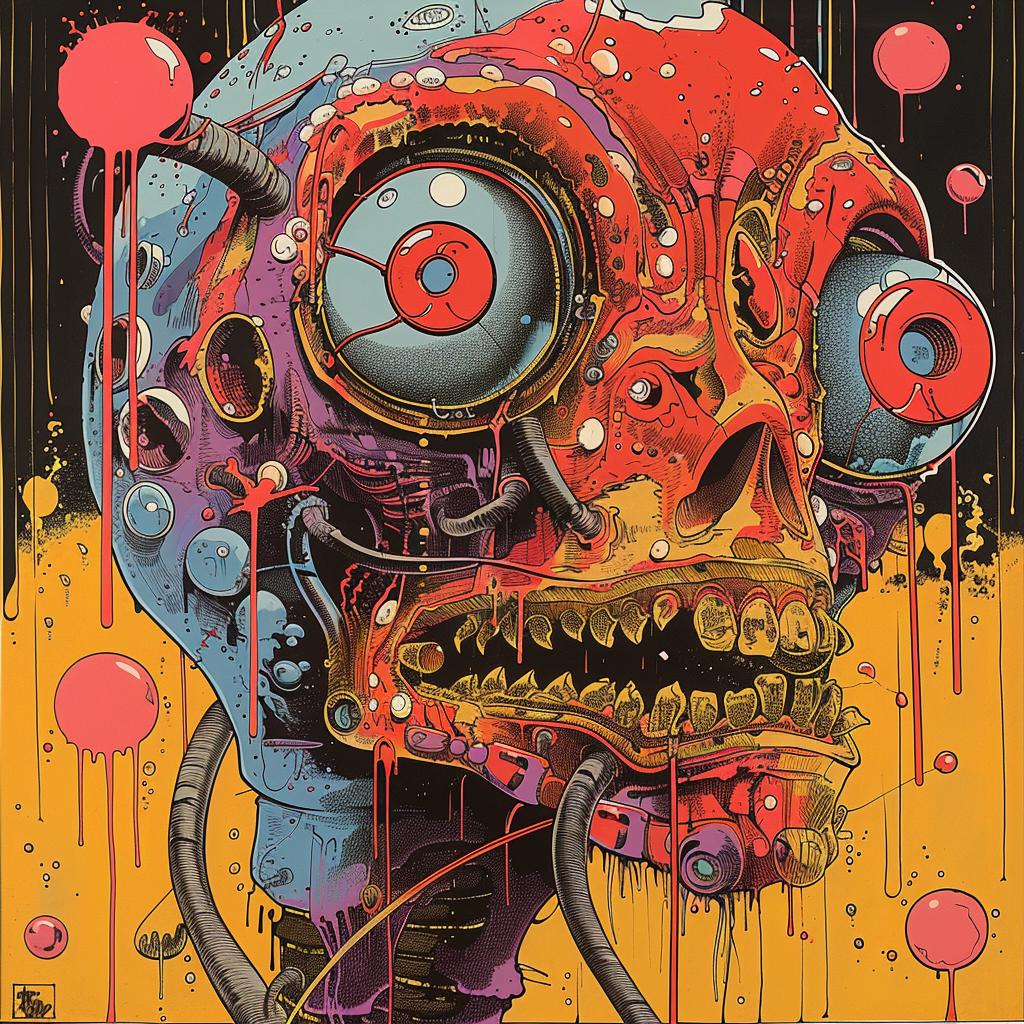 chromolithography  robot  colorful  horror  Japanese  fantasy  artwork  illustration  character  graphic 1036106