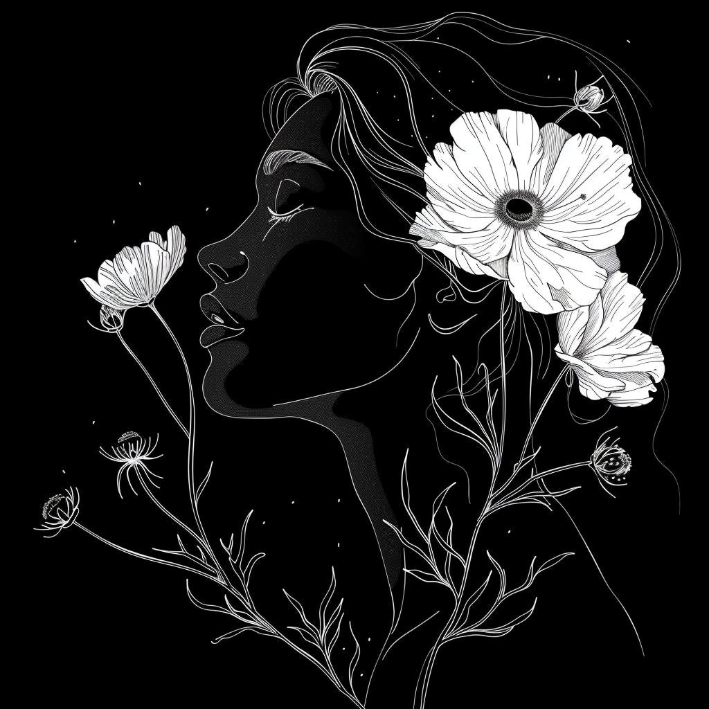 vector  illustration  minimal  boho  woman  flowers  hair  black  background  lineart 960065