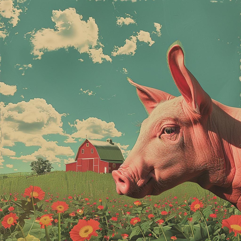 surreal  album  cover  pig  field  flowers  barn  creative  playful  whimsical 1017503