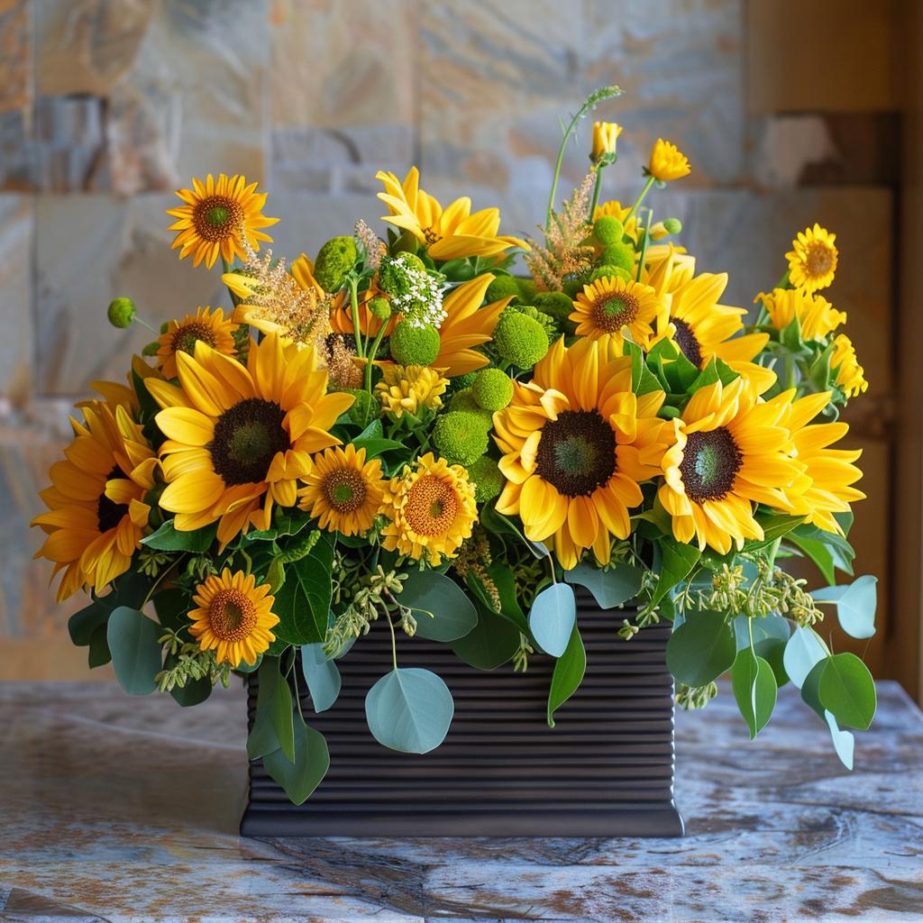 sunflower  arrangement  wooden  box  table  flowers  bright  colorful  nature  still-life 927480