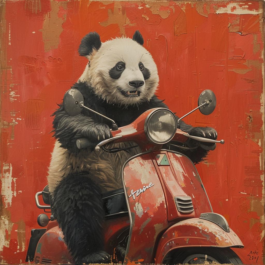 panda  moped  red  scooter  painting  illustration  whimsical  cartoon  fun  playful 1019631