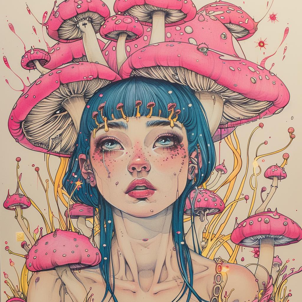 woman  blue  hair  mushrooms  head  dark  occult  naturalistic  spiritual  imaginative 924729