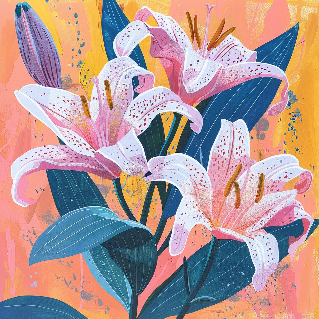 flowers  lilies  risograph  chinese  pink  background  botanical  art  nature  leaves 970595