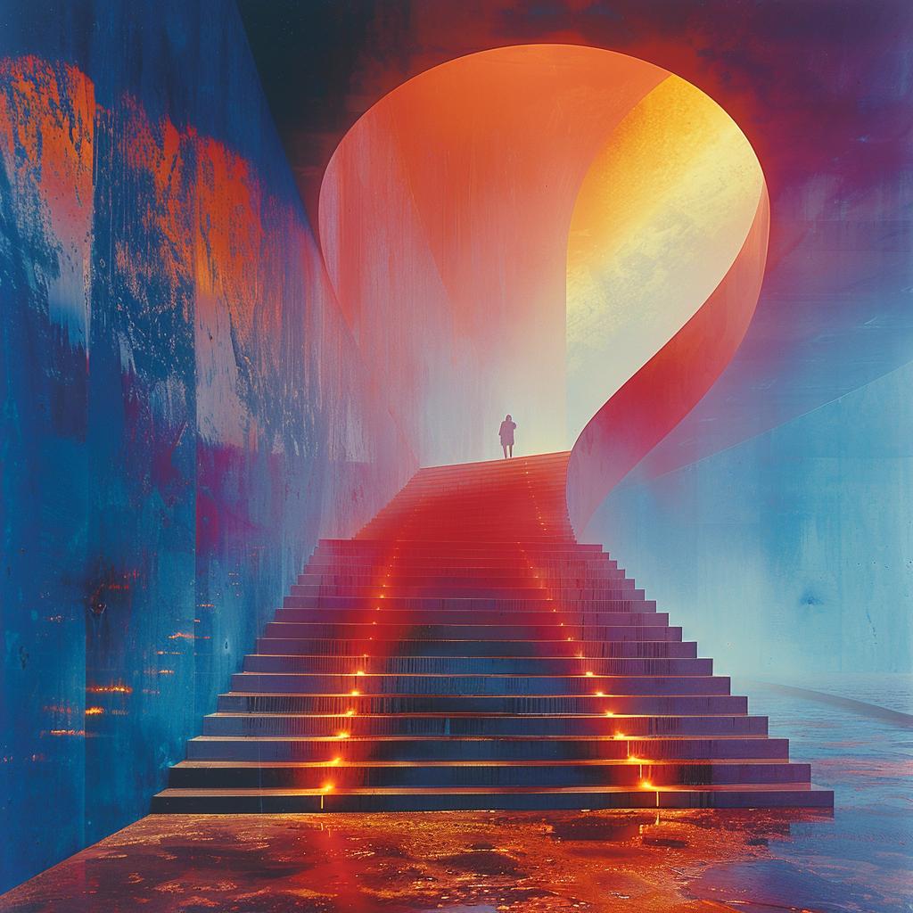 image  stairs  blue  orange  lighting  sci-fi  brutalist  photo  surreal  composition 1031000