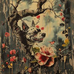 dog  flowers  branches  painting  whimsical  colorful  chromolithography  animal  artwork  nature 1053892
