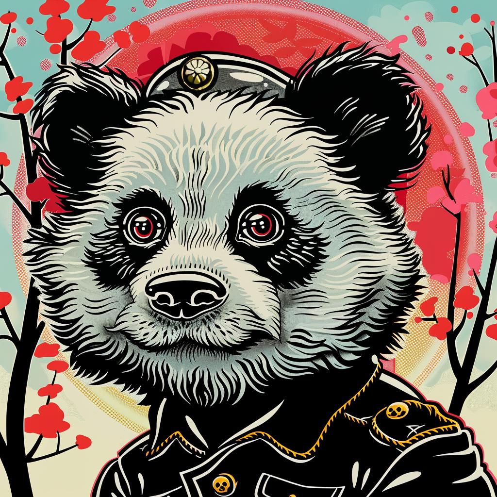 panda  military  uniform  red  background  animal  humor  whimsical  portrait  stylized 1033035