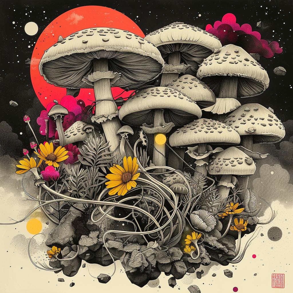 art  print  mushrooms  flowers  colorful  illustration  nature  visual  intricate  design 1036355