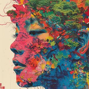 surreal  album  cover  Risograph  symbolist  hyper-realistic  screenprinting  woman  colorful  hair 1079569