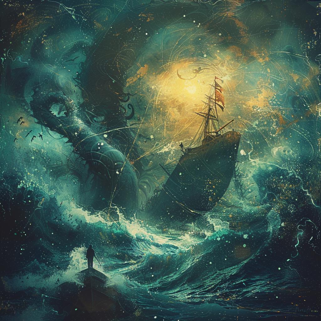 kraken  attack  ship  ocean  chaos  dynamic  action  turbulent  sea  fishing 1034783