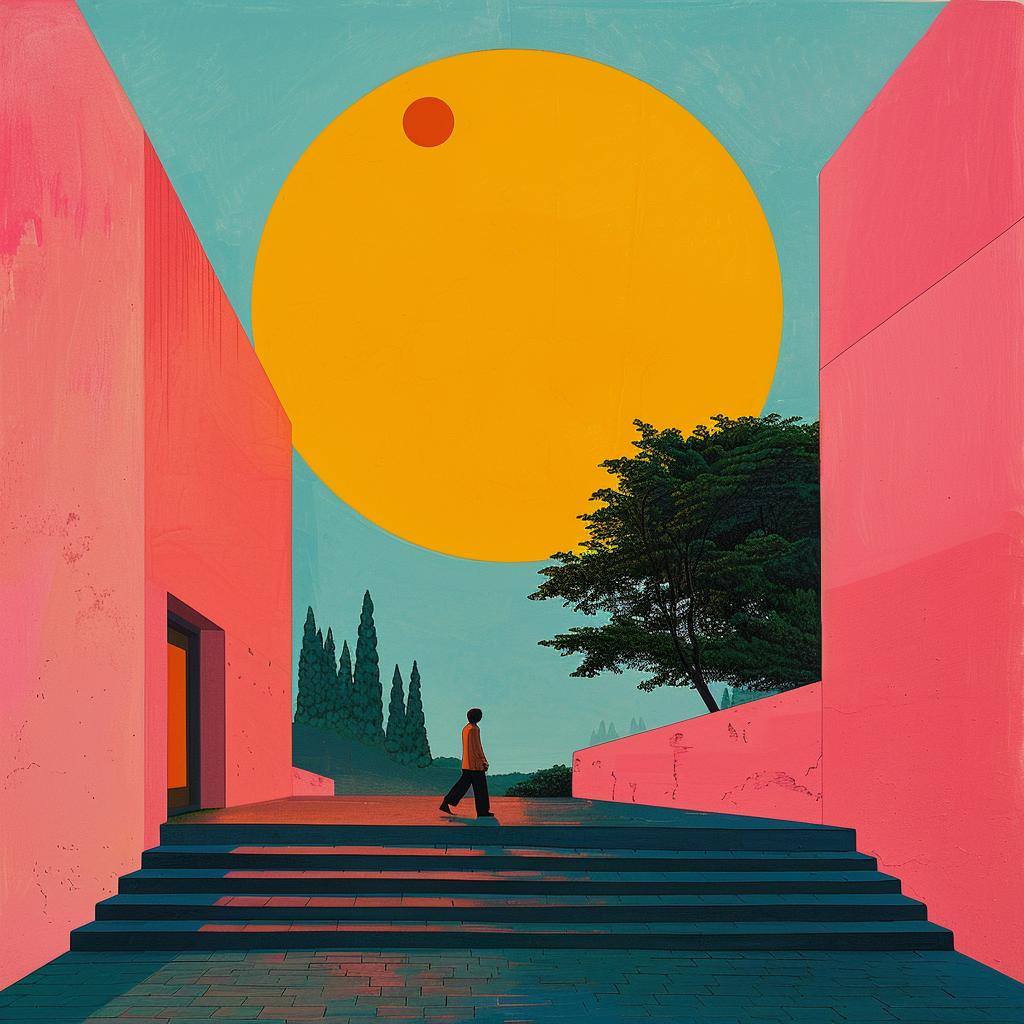 surreal  painting  man  stairs  pink  building  colorful  art  modern  illustration 1019255