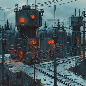 futuristic  city  painting  orange  lights  style  Simon  Stalenhag  urban  art 1075108