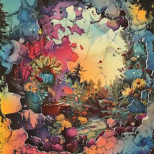 album  cover  landscape  flowers  colorful  surreal  chaos  symbolist  Risograph  screenprinting 1078027