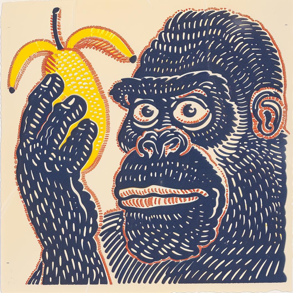 gorilla  banana  painting  humor  cartoon  vibrant  artwork  expression  whimsical  playful 962763