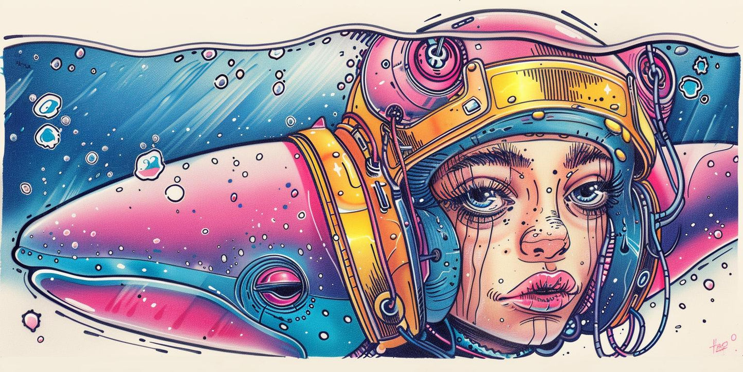 فتاة، خوذة تحت الماء، دولفين، محيط، خيال بحري، رسم توضيحي، عمل فني رقم 940514
