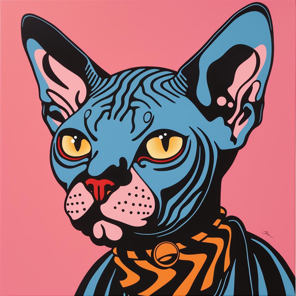sphynx  cat  blue  striped  collar  pink  background  art  charm  whimsical 972267