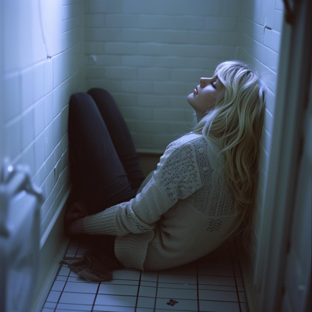 woman  bathroom  floor  cinematic  realistic  evening  blonde  portrait  intimate  vulnerable 918070