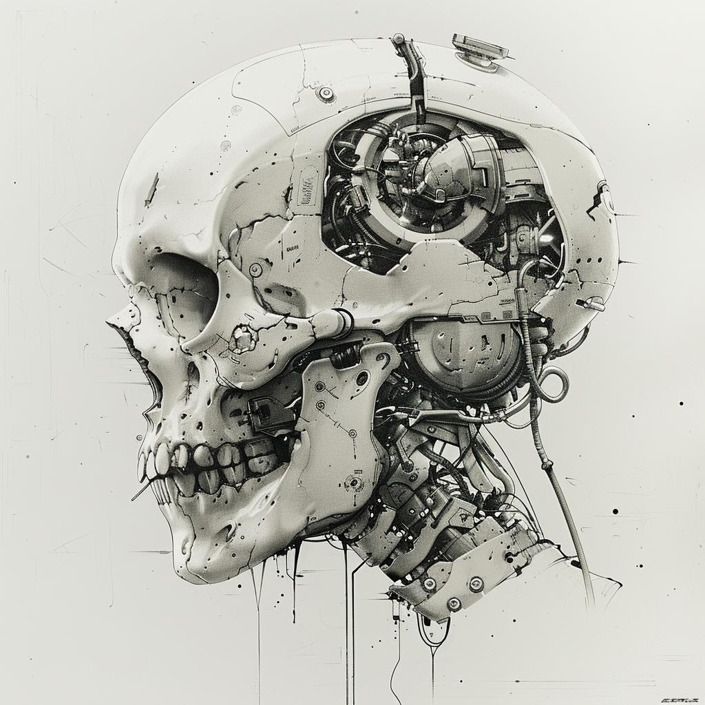 رسم جمجمة رأس ميكانيكي رقمي منتصب خلفية بيضاء إنكي بلال 970263