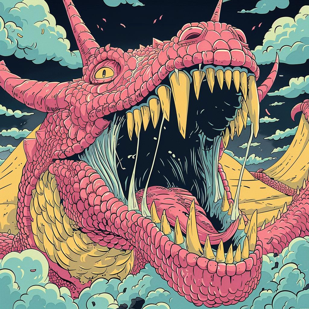 dragon  mythical  terrifying  pink  open mouth  sharp teeth  illustration  fantasy  imaginative  cartoon 927935