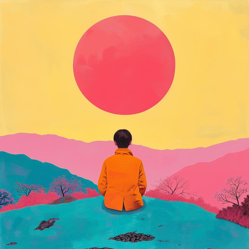 creative  surreal  album  cover  man  hill  red  sun  background  painting 1019163