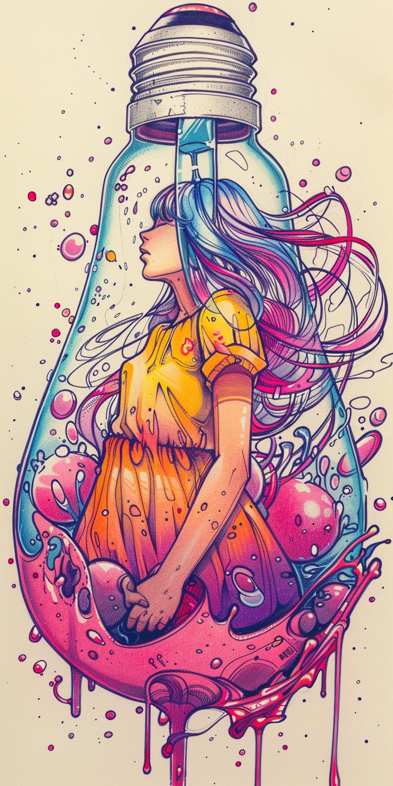 فتاة سائلة تغرق في رسم شعر ملون، فقاعات، عاطفة سريالية 940540
