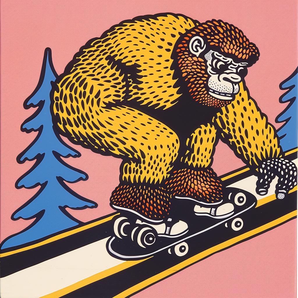 sasquatch  skateboard  kickflip  painting  bigfoot  funny  action  whimsical  urban  sport 962749