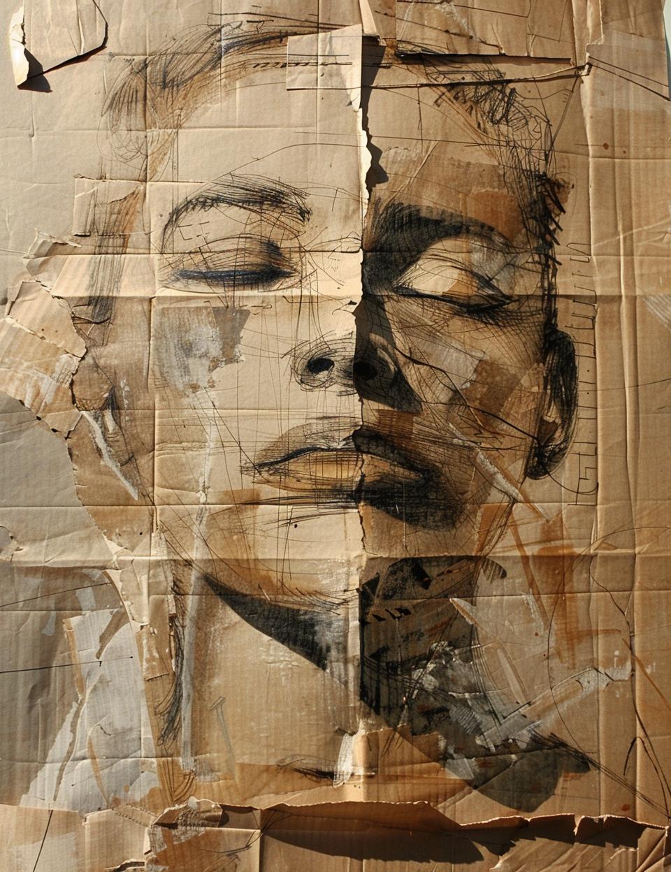cardboard  painting  woman  face  worn  aged  stapled  stamped  expression  art 962140