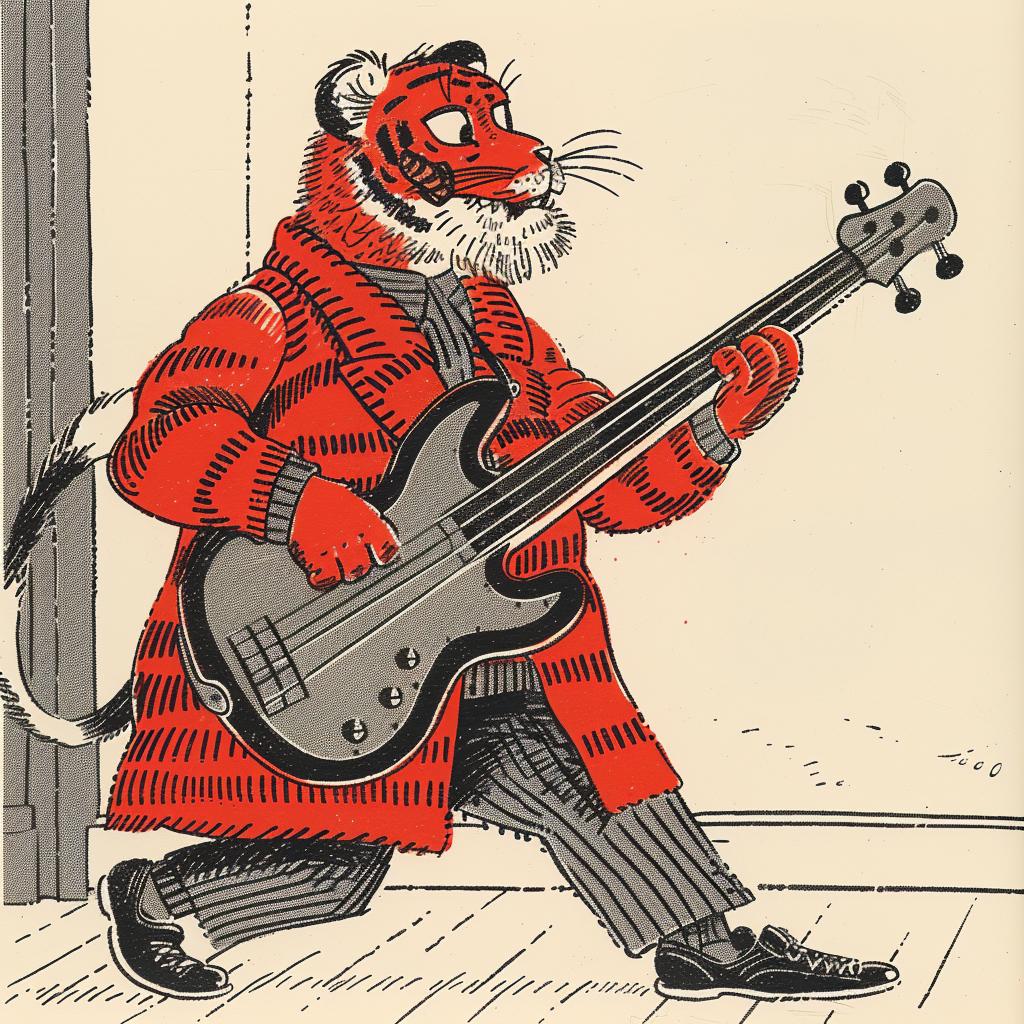 tiger  bass  guitar  cartoon  musical  playful  whimsical  illustration  colorful  character 923039
