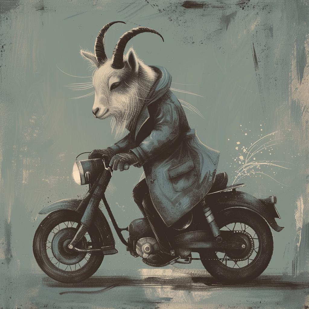 goat  trenchcoat  motorcycle  stylized  humorous  vintage  animal  playful  bold  graphic 1021613
