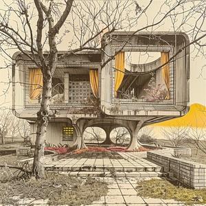 decrepit  abandoned  Frank  Lloyd  Wright  home  drawing  tree  background  monochrome 1036558
