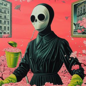 surreal  album  cover  painting  woman  mask  flowers  symbolist  risograph  hyper-realistic 1077759