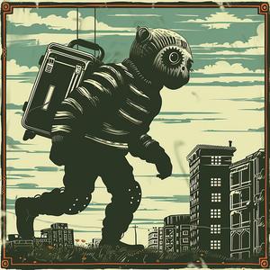 surreal  album  cover  bear  suitcase  journey  cartoon  Risograph  symbolism  screenprinting 1077864