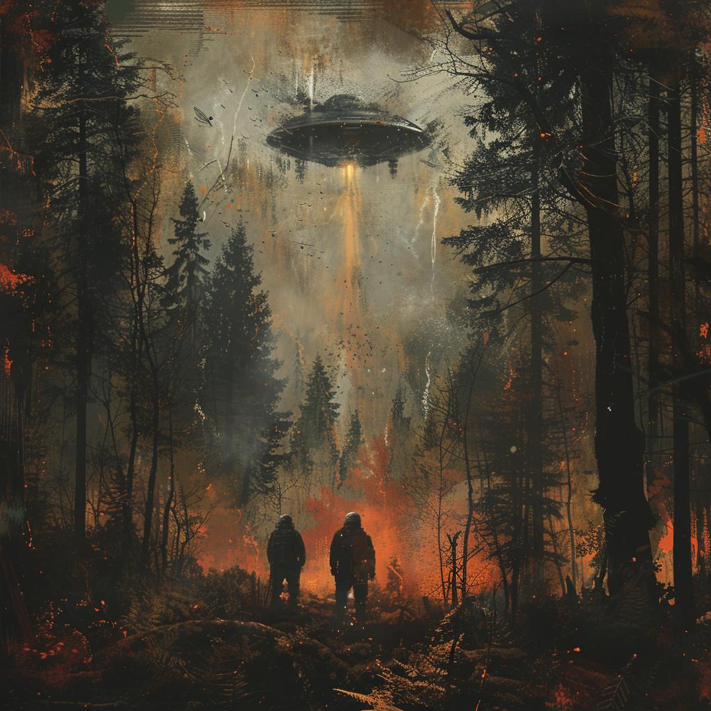 Sci-Fi  Forest  UFO  Alien  Concept  Dark  Illustration  Lighting  Symmetry  Landscape 922397